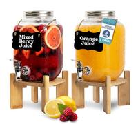 HEFTMAN Glass Drink Dispenser with Tap - 2 x 4L Mason Jar Drinks Dispenser | Sturdy Bamboo Stand for Water, Juice, Cocktails, Lemonade, Empty Beverage Dispenser, Ideal for Summer Parties