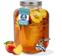 HEFTMAN Glass Drink Dispenser with Tap - 4 Litre Mason Jar Drink Dispenser with Leakproof Stainless Steel Tap & Ice Cylinder Fridge Water Dispenser, Punch, Cocktails, Empty Beverage Dispenser