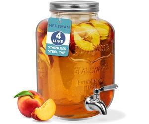 HEFTMAN Glass Drink Dispenser with Tap - 4 Litre Mason Jar Drink Dispenser with Leakproof Stainless Steel Tap & Ice Cylinder Fridge Water Dispenser, Punch, Cocktails, Empty Beverage Dispenser