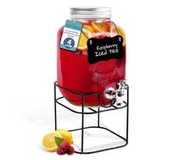 HEFTMAN Glass Drink Dispenser with Tap - 4 Litre Mason Jar Drink Dispenser with Plastic Tap & Metal Wire Stand - Drinks Dispenser, Cocktails, Empty Beverage Dispenser