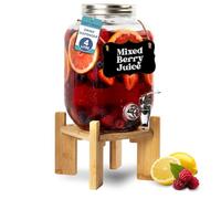 HEFTMAN Glass Drink Dispenser with Tap - 4 Litre Mason Jar Drinks Dispenser with Sturdy Bamboo Stand for Water, Juice, Cocktails, Punch, Lemonade - Empty Beverage Dispenser, Ideal for Summer Parties