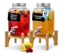 Heftman Glass Drink Dispenser With Tap Sturdy Bamboo Stand Juice 4 Litre 2 Pack