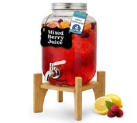 Heftman Glass Drink Dispenser With Tap Sturdy Bamboo Stand Juice Water 4 Litre