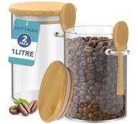 HEFTMAN Glass Jars with Bamboo Lids - 1 Litre, 2 Pack Glass Jars with Airtight Bamboo Lids and Spoons for Coffee, Sugar, Spices, Hot Chocolate Station Jars with Silicone Seal Storage Jars & Canisters