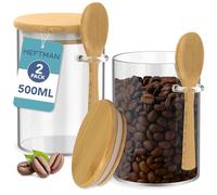 HEFTMAN Glass Jars with Bamboo Lids - 500ml, 2 Pack Glass Jars with Airtight Bamboo Lids and Spoons for Coffee, Sugar, Spices, Hot Chocolate Station Jars with Silicone Seal Storage Jars & Canisters