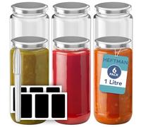 HEFTMAN Glass Jars with Lids - 6 Pack, 1L Jam Jars with Silver Airtight Lids, Glass Jar Set for Overnight Oats, Jams, Chutney, Pickling, Preserving, Food Storage, Kitchen Organisation (1 Litre)