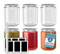 HEFTMAN Glass Jars with Lids - 6 Pack 240ml Reusable, Clear Jam Jars
