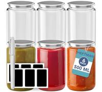 HEFTMAN Glass Jars - 6 Pack, 500ml Jam Jars with Silver, Airtight Lids Reusable Glass Storage Jars for Overnight Oats, Jams, Chutney, Pickling Kitchen Organisation