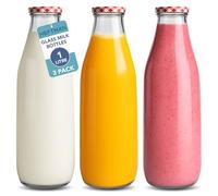 HEFTMAN Glass Milk Bottles with Lids 1 Litre, Set of 3