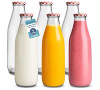 HEFTMAN Glass Milk Bottles with Lids - Empty 1 Litre Set of 6 Airtight Glass Milk Bottle with Red Gingham Lids for Beverages, Liquids & Décor - Retro Juice Bottles for Weddings, BBQ's & Picnics