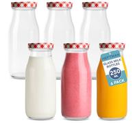HEFTMAN Glass Milk Bottles with Lids - Empty 250ml Set of 6 Airtight Mini Milk Bottle with Red Gingham Lids for Beverages, Liquids & Décor - Retro Juice Bottles for Weddings, BBQ's & Picnics