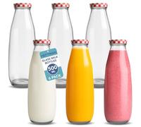 HEFTMAN Glass Milk Bottles with Lids - Empty 500ml Set of 6 Airtight Milk Bottle with Red Gingham Lids for Beverages, Liquids & Décor - Retro Glass Juice Bottles for Weddings, BBQ's & Picnics