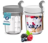 HEFTMAN Glass Overnight Oats Jars with Lids - 2 Pack 350ml Overnight Oats Jar with Spoons, Airtight Food-Safe Breakfast Pots with Lids for Yogurt, Chia Pudding - 12oz, Reusable (2 PCS)