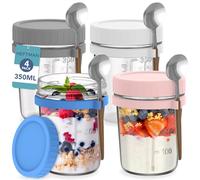 HEFTMAN Glass Overnight Oats Jars with Lids - 4 Pack 350ml Overnight Oats Jar with Spoons & Airtight Colourful Plastic Lids, Food-Safe Breakfast Pots for Yogurt, Chia Pudding - 12oz, Reusable (4 PCS)