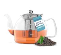 HEFTMAN Glass Teapot 1200ml - Clear Glass Teapot with Infuser for Loose Tea, Serves 3-6 Cups, Heat Resistant Borosilicate, with Non-Dripping Spout & Removable Stainless Steel Strainer/Lid - 1.2L