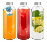 HEFTMAN Glass Water Bottle 1 Litre - 3 Pack Empty Glass Bottles with Lids