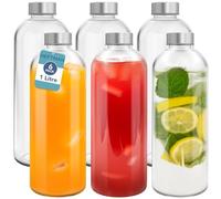 HEFTMAN Glass Water Bottle 1 Litre - 6 Pack Empty Glass Bottles with Lids - Water, Smoothies, Glass Juice Bottles with Airtight, Leakproof, Stainless Steel Lids & Cleaning Brush for Work, Gym, Home