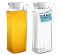 HEFTMAN Glass Water Jug for Fridge - 2 Pack, 1 Litre Water Jugs with Lids | Ribbed Design, Spill-Free Spout, Vented Lid for Hot/Cold Drinks, Ice Tea, Coffee, Milk & Juice, Transparent Pitcher Jug