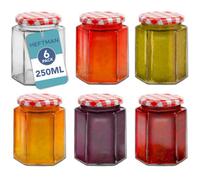 HEFTMAN Small Glass Jars with Lids - 6 Pack Airtight 250ml Jam Jars with Red Gingham Lids for Use as Pickle Jar, Jams, Honey, Candle Making, Preserving, Food Storage - Hexagonal Shape (Empty)