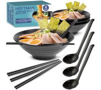 HEFTMAN Japanese Ramen Bowl Set of 4 - Elegant 1000ml Ramen Bowls, Dishwasher Safe Re-Usable Plastic Noodle Bowl Set for Soup, Salad, Rice & Pasta Dishes - with Matching Spoons & Chopsticks (Black)