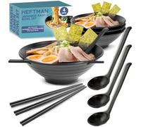 HEFTMAN Japanese Ramen Bowl Set of 4 - Elegant 1000ml Ramen Bowls, Dishwasher Safe Re-Usable Plastic Noodle Bowl Set for Soup, Salad, Rice & Pasta Dishes - with Matching Spoons & Chopsticks (Black)