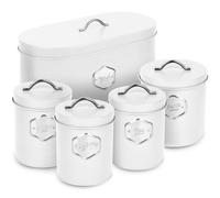 HEFTMAN White Kitchen Canister Set - Stylish 5 Piece Kitchen Storage Canisters for Bread, Biscuits - Sugar Coffee Tea Storage Set with Airtight Lids, Labelled Containers (5 PCS)