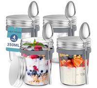 HEFTMAN Mason Jars for Overnight Oats - 4 Pack 350ml Overnight Oats Jar with Spoons & Airtight Stainless Steel Lids - Food-Safe Glass Breakfast Pots for Yogurt, Chia Pudding - 12oz, Reusable (4 PCS)