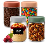 HEFTMAN Overnight Oats Jars with Lids - 4 Pack 500ml Airtight Overnight Oats Jar, Food-Safe Glass, Colourful Screw Top Breakfast Pots with Lids for Yogurt, Chia Seed Pudding - 16.9oz, Reusable (4 PCS)