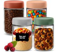 HEFTMAN Overnight Oats Jars with Lids - 4 Pack 600ml Overnight Oats Jar with Airtight, Colourful Screw Lids Food-Safe Glass Breakfast Pots with Lids for Yogurt, Chia Pudding - 21oz, Reusable (4 PCS)