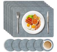 HEFTMAN Blue Placemats and Coasters - Set of 6 Large PU Leather Coasters and Place Mats for Table, Heat Resistant up to 100℃, Stain Resistant Wipe Clean Placemats, 43cm x 30cm