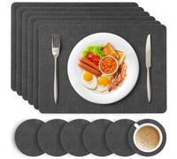HEFTMAN Dark Grey Placemats and Coasters - Set of 6 Large PU Leather Coasters and Place Mats for Table, Heat Resistant up to 100℃, Stain Resistant Wipe Clean Placemats, 43cm x 30cm