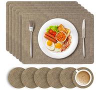 HEFTMAN Gold Placemats and Coasters - Set of 6 Large PU Leather Coasters and Place Mats for Table, Heat Resistant up to 100℃, Stain Resistant Wipe Clean Placemats, 43cm x 30cm