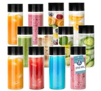 HEFTMAN Plastic Juice Bottles with Lids - 12 Pack 250ml Empty Sensory Bottles with Black Screw Top Lids, Food-Safe PET Clear Plastic Bottle for Water, Iced Coffee, Smoothies
