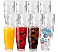 HEFTMAN Plastic Tumblers Set of 12-550ml Acrylic Tumbler Glasses with Swirl Design, Stackable Re-usable Plastic Glasses for Garden, Picnics, Camping, BBQs, Parties or Everyday Use (Clear)