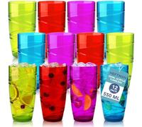 HEFTMAN Plastic Tumblers Set of 12-550ml Acrylic Tumbler Glasses with Swirl Design, Stackable Re-usable Plastic Glasses for Garden, Picnics, Camping, BBQs, Parties or Everyday Use (Coloured)