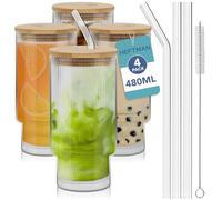 HEFTMAN Ribbed Glasses 480ml, 4 PCS Stackable Glass Cups with Bamboo Lids