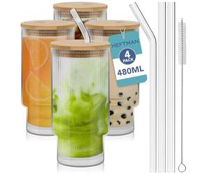 HEFTMAN Ribbed Glasses 480ml - 4 PCS Stackable Glass Cups with Bamboo Lids & Glass Straws Vintage Glassware Origami Style Iced Coffee Glass Set with 2 Cleaning Brushes - Matcha Cocktails Bubble Tea