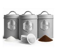 HEFTMAN Grey Tea Coffee Sugar Canisters - Stylish 3 Piece Canisters Sets for the Kitchen, Sugar Coffee Tea Storage Set with Airtight, Labelled Containers (3 PCS, Grey/Silver)