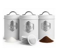 HEFTMAN White Tea Coffee Sugar Canisters - Stylish 3 Piece Canisters Sets for the Kitchen, Sugar Coffee Tea Storage Set with Airtight, Labelled Containers (3 PCS, White/Silver)