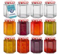 HEFTMAN Small Glass Jars with Lids - 12 Pack Airtight 250ml Jam Jars with Red Gingham Lids for Use as Pickle Jar, Jams, Honey, Candle Making, Preserving, Food Storage - Hexagonal Shape (Empty)
