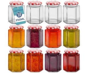 HEFTMAN Small Glass Jars with Lids - 12 Pack Airtight 250ml Jam Jars with Red Gingham Lids for Use as Pickle Jar, Jams, Honey, Candle Making, Preserving, Food Storage - Hexagonal Shape (Empty)