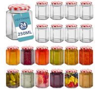 HEFTMAN Small Glass Jars with Lids - 24 Pack Airtight 250ml Jam Jars with Red Gingham Lids for Use as Pickle Jar, Jams, Honey, Candle Making, Preserving, Food Storage - Hexagonal Shape (Empty)