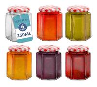 HEFTMAN Small Glass Jars with Lids - 6 Pack Airtight 250ml Jam Jars with Red Gingham Lids for Use as Pickle Jar, Jams, Honey, Candle Making, Preserving, Food Storage - Hexagonal Shape (Empty)