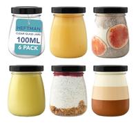 HEFTMAN Small Glass Jars with Lids - Set of 6 100ml Empty Airtight Glass Shot Bottles with Lids Travel Size Leak-Proof Pudding Pots, Yogurt Pots, Mini Honey Jars, Small Jam Jars with Lids (100ml)