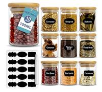 HEFTMAN Small Glass Spice Jars - Set of 10, 100ml Glass Jars With Bamboo Lids & Airtight Seal - Borosilicate Glass Storage Jars for Spices, Herbs, Tea, Coffee Kitchen Jars With Lids, Labels & Pen