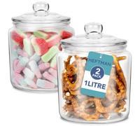 HEFTMAN Glass Jar with Lid - 2 x 1 Litre Clear, Empty Sweet Jars with Airtight Push-Top Lid - Sturdy Glass Apothecary Jars for Sweets, Coffee, Sugar, Laundry Pods Storage Container (2 Pack)