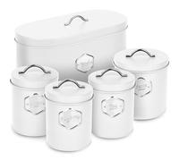 HEFTMAN White Kitchen Canister Set - 5 PCS | Stylish Kitchen Storage Canisters for Bread, Biscuits, Sugar Coffee Tea Storage Set with Airtight Lids, Labelled Containers