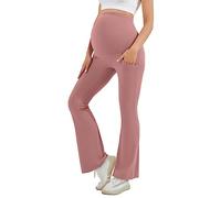 HEGALY Women's Maternity Flare Leggings Over The Belly - Casual Pregnancy Yoga Pants with Pockets Buttery Soft, Grey Pink, Large