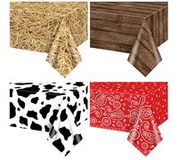 Hegbolke 4 Pack Western Party Tablecloths, 51x86 Straw Tablecover, Wood Grain Tablecloth, Cow Tablecloth, Paisley Bandana Table Cover for Western Themed Party Kids Birthday Party Decorations