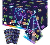 Hegbolke 4Pcs Video Game Party Tablecloth, Neon Game On Table Covers, Rectangular Table Decoration Gaming Night Birthday Party Decorations for Kids Boys Girls, 86 x 51 Inch